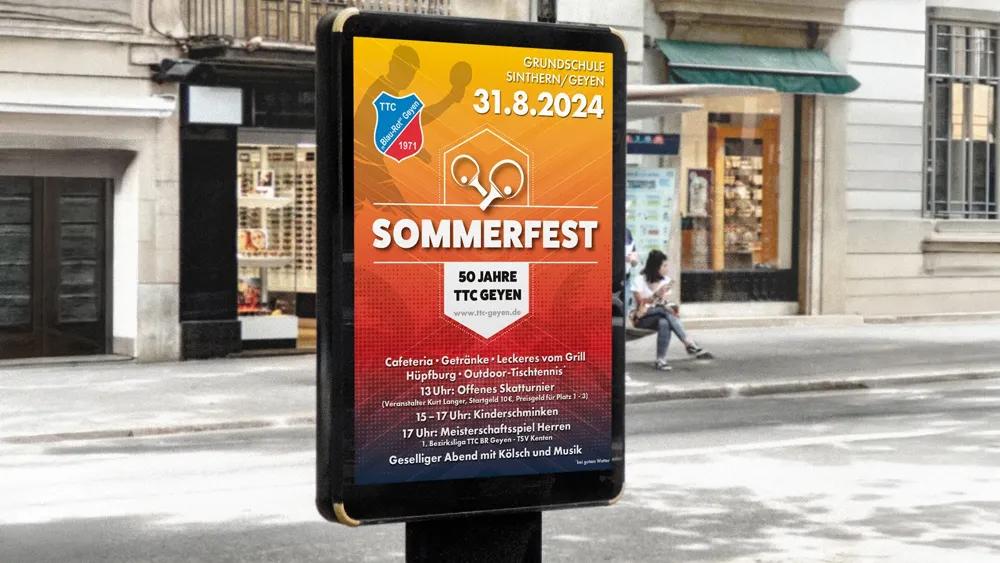 Plakat für das Sommerfest des TTC Geyen 2024 an einer City-Light-Säule